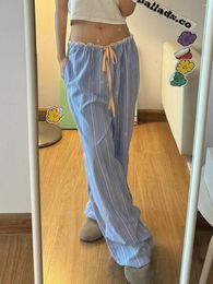 Women's Pants Japanese Sweet Cute Lace Trim Colorful Stripe Casual Loose Straight Leg Women Korean Fashion Pink Kawaii Streetwear