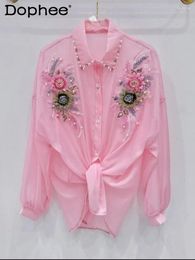 Women's Blouses Heavy Industry 3D Flower Sun Protection Shirt Women Beads Diamond-Embedded Spring Summer Sweet Loose Top