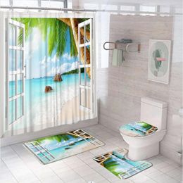 Shower Curtains Tropical Beach Curtain Sets Non-Slip Rug Toilet Lid Cover Bath Mat Palm Tree Island Ocean Wooden Window Bathroom
