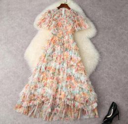 2021 Summer Short Sleeve V Neck Multicolor Floral Print Tulle Tiered Panelled Long Maxi Dress Elegant Casual Bohemian Dresses 21W19771629
