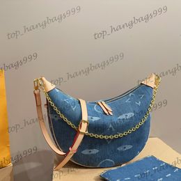 Womens Brand Blue Denim Peas Moon Croissant Underarm Shoulder Bags Adjustable Letaher Strap Crossbody Handbags With Zipper Wallet Key Pouch Purse 33x24cm