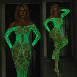 Luminous Teddy Catsuit Glow In The Dark Erotic Lingerie Full Body Stockings Open Crotch Sexy Underwear Fishnet Women Nightwear