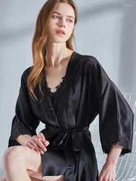 Home Clothing Real Silk Robe Women Nightgown Black Summer Lace Sexy Nightdress For Ladies Luxury Pure Sleeping Dress Bathrobe 16mm