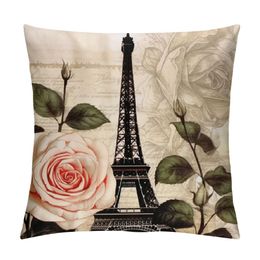 Vintage French Paris Eiffel Tower with Rose Flowers Decorative Throw Pillow Cover Pillow Case Cushion Cover for Sofa Bed Pillowcase (Paris Flower)