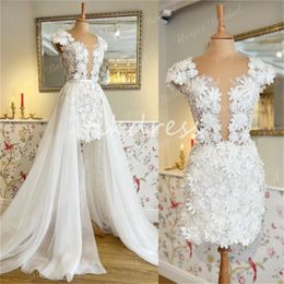 Sexy High Low Beach Wedding Dresses With Flowers Elegant Two Pieces 2 In 1 Overskirt Chiffon Country Bride Dress Charming Civil Bohemian Bridal Robe De Mariee 2024