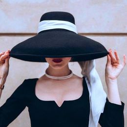 Berets Fashion Streetstyle Black Wide Brim Wool Bucket Hat Female Vintage Big For Women Looks Like Audrey Hepburn 185S