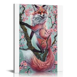 Japanese Wall Decoration - Fox and Cherry Blossom Vintage Poster Canvas Wall Art - Living Room Bedroom Office Dining Room Hanging Painting