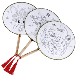 Decorative Figurines 3 Sets Coloring Fan Blank Painting Hand Fans Kid Graffiti Toys Child Silk Cloth Bamboo DIY Round Parent-child