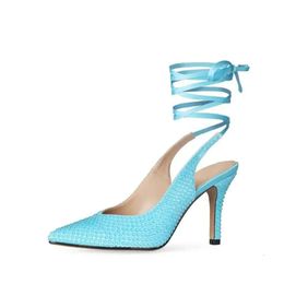 Lady Style Real Leather 2024 Genuine 10CM High Heel SANDALS Pointed Toe Lace-up Satin Summer SHOES Party Cross-tied Pillage Diamond Size 34-46 S f1e