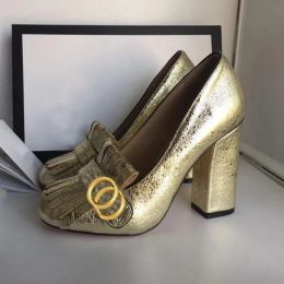 Sapatos elegantes saltos altos de couro feminino, dedo redondo com botão de metal, salto de 10 cm de espessura, couro, tamanhos 3442, caixa incluída