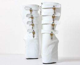 Fetish Ballet Boots Women 18cm Super High Heel Sexy White Wedge Hoof Heelless Platform Shoes Lockable Knee High Slave Boots6740913