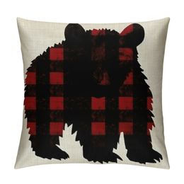 Animal Bear Red and Black Chess Plaid Scottish Buffalo Square Throw Waist Pillow Case Decorative Cushion Cover Pillowcase Sofa