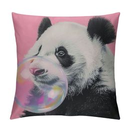 Animals Square Pillow Cover, Durable Throw Pillowcase for Bed Couch Sofa, Canvas Pillow Covers for Couch Sofa Home Decor, Panda Bubble Pink Background