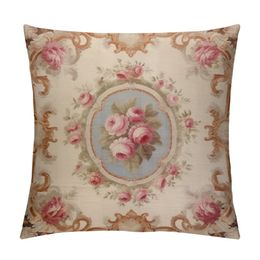 Antique Rose Floral French Aubusson Rug Print Throw Pillow Covers Cosy Square Throw Pillow Case Home Decoration for Bed Couch Sofa Living Room Cushion Cover