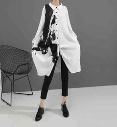 Korean Style Woman Long Sleeve White Print Shirt Dress Painting Plus Size Straight Girls Casual Midi Loose Robe Femme Inkjet Rando9437831