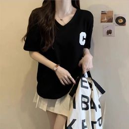 Women Clothes Summer All-match Letter White Loose V-neck Thin Short Sleeve Tee Shirt Ladies Refreshing Black School Top Tee 240529