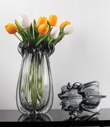 Thickened Crystal Glass Bud Vase Curl Edge Flower Carafe Living Room Ornament Side Table Glassware Home Decor Craft Furnishing