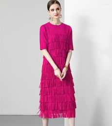 Party Dresses Spring Summer Miyake Pleated Midi Dress 2024 Elegant Women Round Collar Short Sleeve Multi-Layer Tassel Cake Loose Vestidos