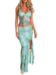 Casual Dresses Women 2 Piece Tank Tops Y2k Wrap Long Floral Maxi Skirt With Slit Set Clubbing Outfits Cover Ups Beachwear
