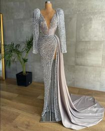 Muslim Grey Sequined Evening Dresses go deep v neck New Long Sleeves high Side Split Exquisite Party Prom Gowns Customed Plus Size Dress