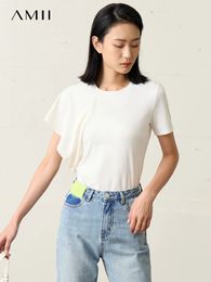 AMII Minimalism Slim T Shirt for Women Summer Short Sleeves Solid Patchwork Ruffles Office Lady Tees Top 7232 240518