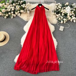 Beach Vacation Dress for Women 2024 Spring/Summer New Heavy Industry Pressed pleated Chiffon Hanging Neck Beach Dress Mid length Skirt