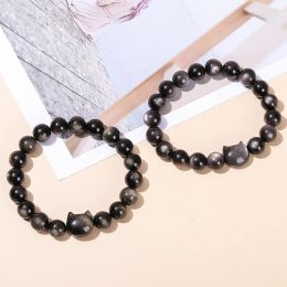 JD 7A Natural Gold Silver Colour Shiny Black Obsidian Bead Cat Head Strand Bracelets Women Men Charm Round Bead Energy Bracelet