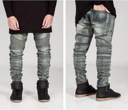 new mens Biker Jeans Motorcycle Slim Fit Washed yellow Black Grey Blue Moto Denim skinny Elastic Pants Joggers For Men jeans6238447