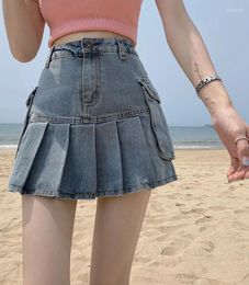 Skirts High Waist Women's Summer 2024 Pleated Skirt With Pockets Female Slim Sexy Anti-walking Light A-word Short Denim Blue