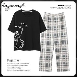 Women's Sleepwear Young Ladys Summer Pyjama Sets Cool Rabbit Printing Cotton Pijamas Womens Short-sleeved Long Trousers Teen Girls Kawaii Pjs Q240528