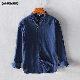 Men's Casual Shirts Summer Solid Colour Cotton Linen Shirt Men Pullover Long Sleeve Oversize Comfortable Breathable Stand Collar Top