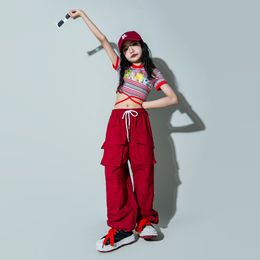 Kid Hip Hop Clothing Cute Stripe Lace up Crop Top T Shirt Wine Red Street Jogger Cargo Pants for Girl Jazz Dance Costume Clothes