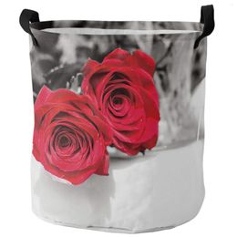 Laundry Bags Red Rose Flower Dirty Basket Foldable Round Waterproof Home Organiser Clothing Children Toy Storage