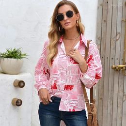 Women's T Shirts Spring Female All-Match Casual Style Stand Top Women Letter Printed Button Coat 2024 Fall Long Sleeve Tops Plus Size