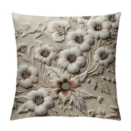Decorative Throw Pillow Covers Sun Flower Jacquard Pillowcase Cushion Case Square for Couch Sofa Bed Living Room Bedroom Set of 2, 18x18 Inch, Beige