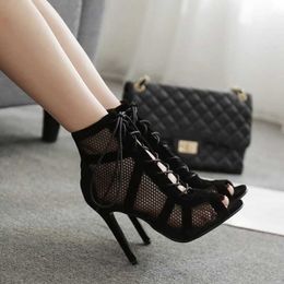 Sandals New Fashion Show Black Mesh Fabric Cross Strap Sexy High Heel Sandals Womens Shoes Pump Lace Peel Toe Sandals Casual Net T240528