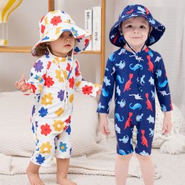 Children's swimsuit sun protection one-piece dinosaur baby toddler quick-drying surfing suit(One-piece swimsuit + hat)