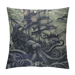 Крышка наволочки Kraken Vintage Sail Boat Ocecpus Waves Octopus Throt Pillow Case Home Style Coush для дивана для дивана фиолетовый черный