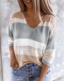 Women's Polos 2024 Spring Autumn Knitted Pullover Ribbed Casual Long Sleeve Colour Block Striped Loose Fit Hollow Out