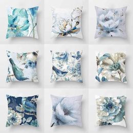 Pillow Blue Flower And Bird Printed Polyester Square Cover For Home Living Room Sofa Office Decoration Waist Pillowcase