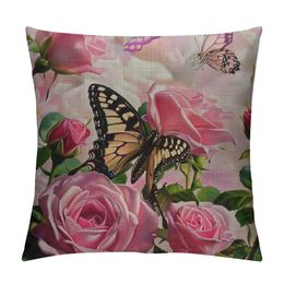 Flower Decor Butterfly Fliying on The Pink Rose Square Throw Waist Pillow Case Decorative Cushion Cover Pillowcase Sofa