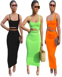 Women Dress Sexy CutOut Skirt Designer Solid Color 2 Piece Sets Club Sleeveless Shorts Tight Fashion Dresses Casual Suits9753414