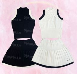 Luxury Women Knitted Singlet Pleated Skirt Outfits Letter Embroidered Woman Dress Set Sexy Sleeveless Knitted Tank Tops Mini Skirts Contrast Colour Knits Vest Set