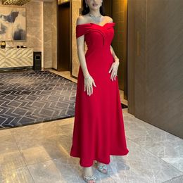 Off Shoulder Evening Dresses Long A Line Prom Dress Red Crepe Formal Party Gown for Women