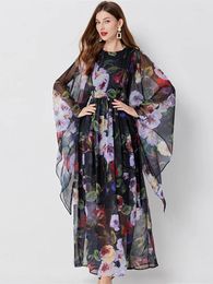 Casual Dresses Bohemian Flower Print Silk Chiffon Long Maxi For Summer Fashion Women Clothing Flare Sleeve A-line Robes Femme