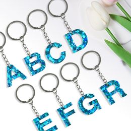Blue Sequins Alphabet Initial Letter Keychain Cute Resin Key Chain Ring Bag Backpack Charm Car Key Holder Accessories Women Girls Gift fff