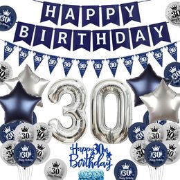 Birthday Party Decorations for Men and Women, Navy Blue, Silver, Happy 30th Birthday, Triangle Banner, Balloons for 30 Years Old