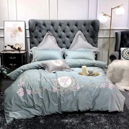 Bedding Sets Blue Gray Luxury European Pastoral Style Flowers Embroidery Egyptian Cotton Set Duvet Cover Bed Sheet/Linen Pillowcases