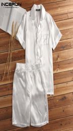 Men039s Sleepwear Summer Fashion Silk Satin Men Pajamas Sets Soft Homewear Short Sleeve T Shirt Shorts Two Piece Suits S3XL9164693