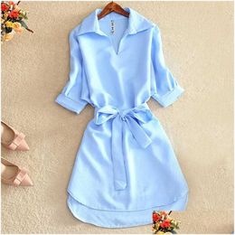 Basic & Casual Dresses Shirts Women Summer Dress Fashion Office Lady Solid Red Chiffon For Sashes Tunic Ladies Vestidos Drop Delivery Dhfzl